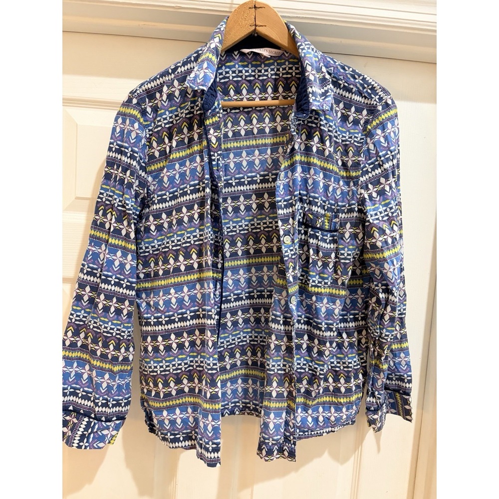 Victoria Secret Top S Small Blue Geometric Tribal Print Button Up Shirt